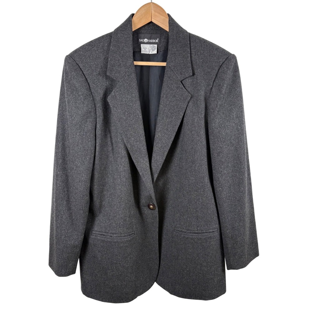 Vtg Sag Harbor 100% Wool Blazer 12 Gray Dark Academia 90s Career Structured
